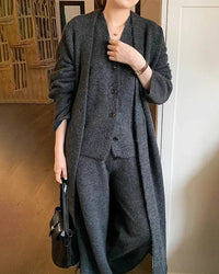 V-Neck Knit Coat + Vest + Wide-Leg Trouser 3-Piece Set