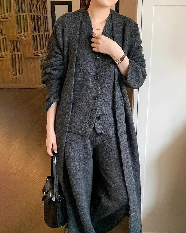 V-Neck Knit Coat + Vest + Wide-Leg Trouser 3-Piece Set