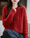 Wool O-Neck Twisted Single-Breasted Cardigan Sweater