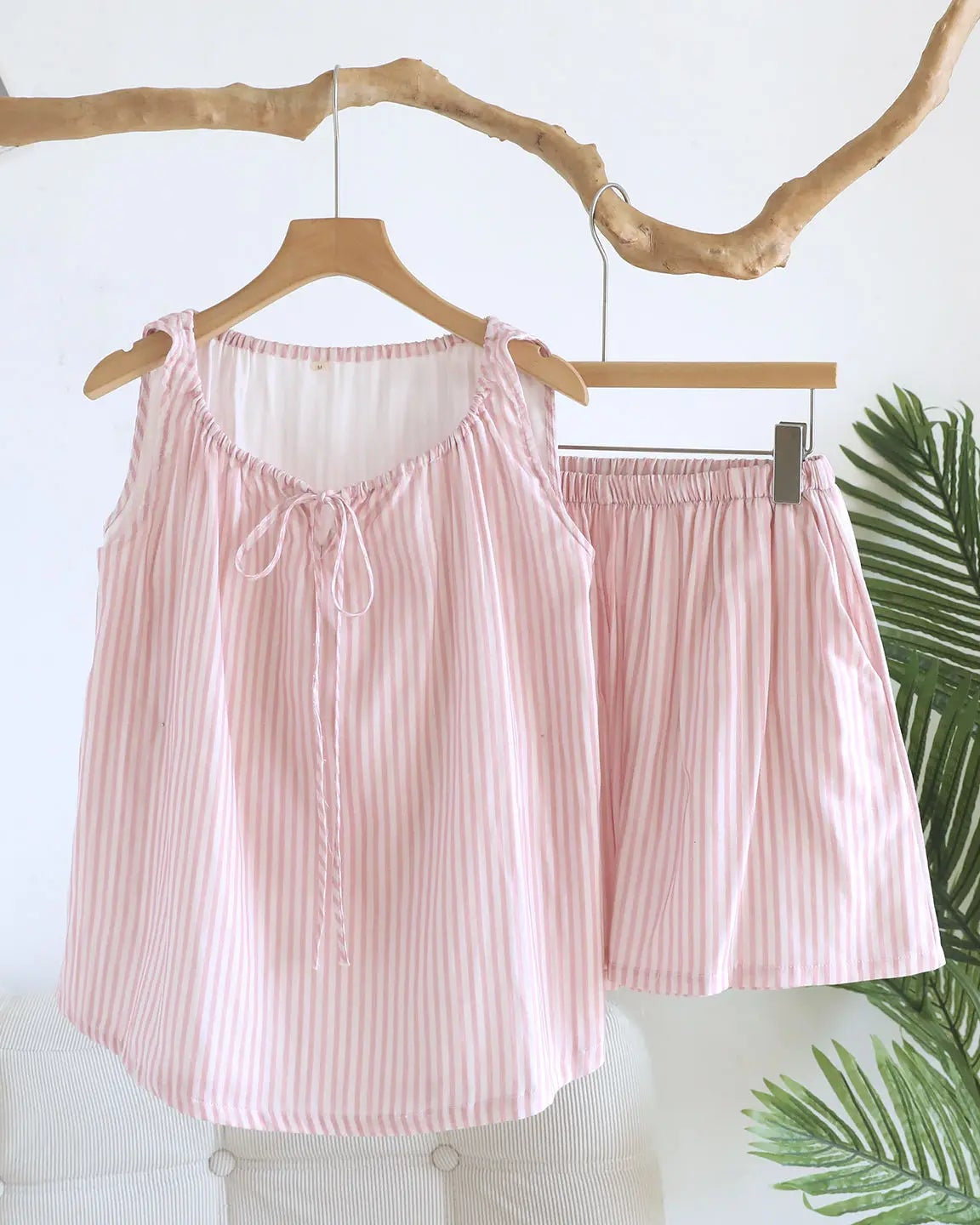 Women's Cotton gauze striped bow tank pajama set featuring a delicate bow detail and sleeveless vest, crafted for breathable comfort with a relaxed silhouette that moves seamlessly from warm evenings to restful mornings.