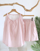 Women's Cotton gauze striped bow tank pajama set featuring a delicate bow detail and sleeveless vest, crafted for breathable comfort with a relaxed silhouette that moves seamlessly from warm evenings to restful mornings.