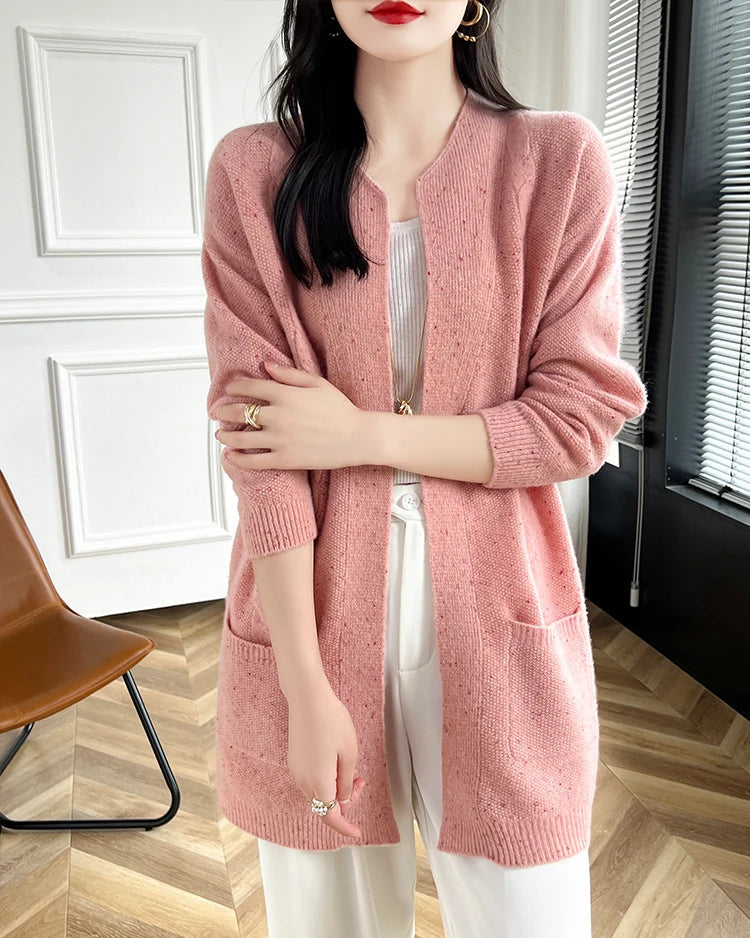 Merino Wool Dot Long Open-Front Cardigan