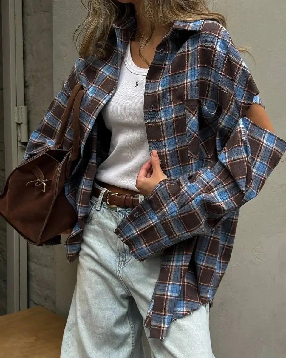 Plaid Lapel Single-Breasted Pocket Loose Shirt