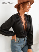 Plunge Neck Black Long Sleeve Bodysuit