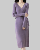 V-Neck Lace-Up Merino Wool Knit Dress