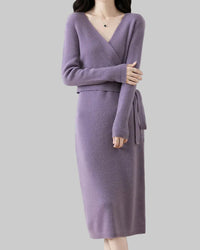 V-Neck Lace-Up Merino Wool Knit Dress