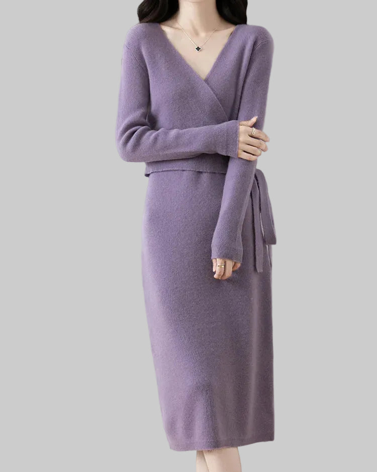 V-Neck Lace-Up Merino Wool Knit Dress