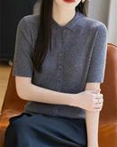 Relaxed Knit Turn-Down Collar Top