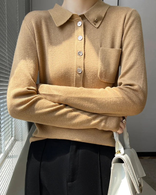 Merino Wool Polo Collar Loose Knit Sweater