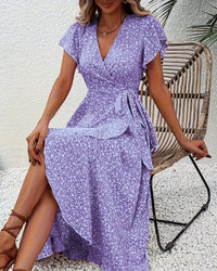 Floral Print V-Neck Lace-Up Flare Sleeve Midi Dress