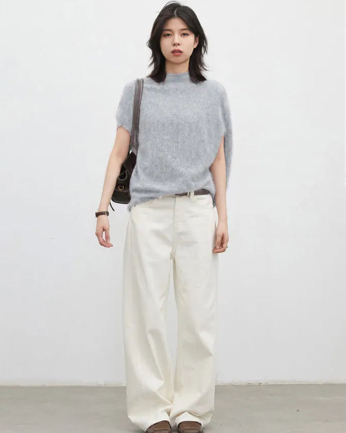Wool Cashmere Turtleneck Sleeveless Loose Knit Sweater