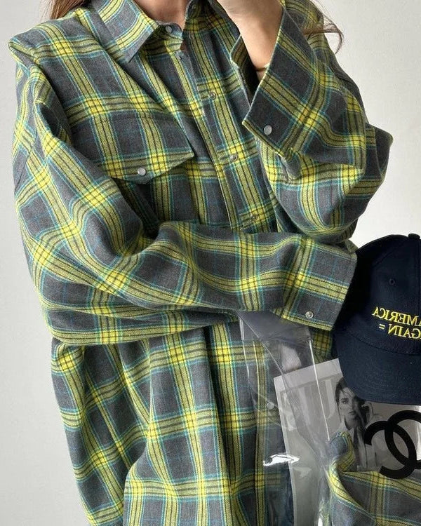 Vintage Plaid Oversized Long-Sleeve Shirt