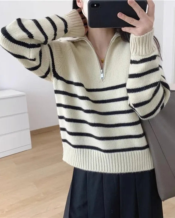 Striped Cashmere Half-Zip Sweater