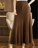 Merino Wool Solid Pleated Ankle-Length Knit Skirt