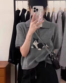 Cat-Pattern Collared Wool Knit Top