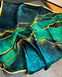 New women’s silk printed scarf in cream with colorful abstract pattern, lightweight square shawl, perfect for all seasons and outdoor elegance.