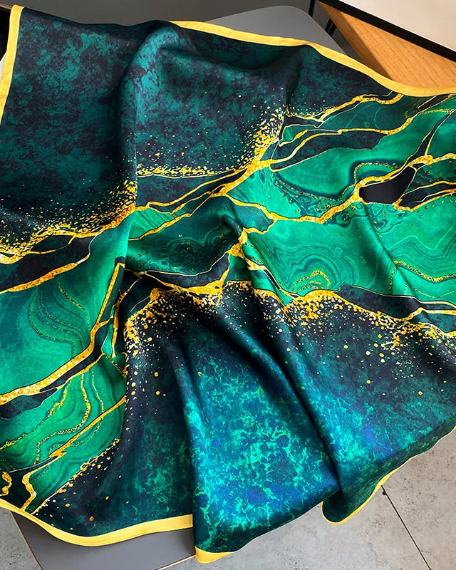 New women’s silk printed scarf in cream with colorful abstract pattern, lightweight square shawl, perfect for all seasons and outdoor elegance.