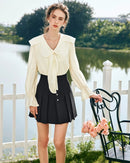 Elegant Lace V-Neck Bow Blouse