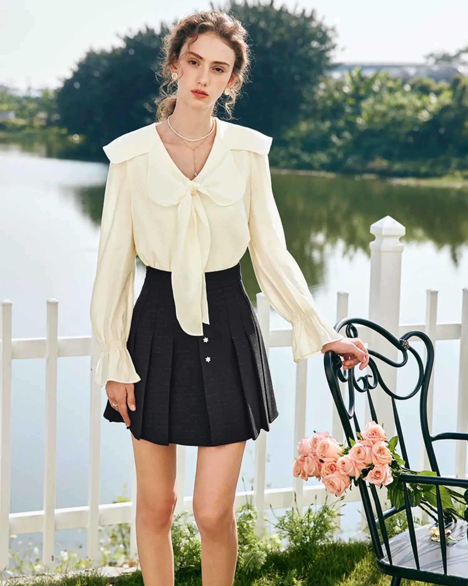 Elegant Lace V-Neck Bow Blouse