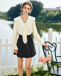 Elegant Lace V-Neck Bow Blouse