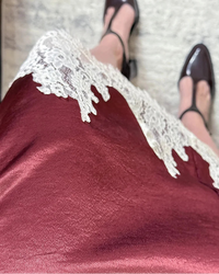 Satin And Lace-Paneled A-Line Midi Skirt