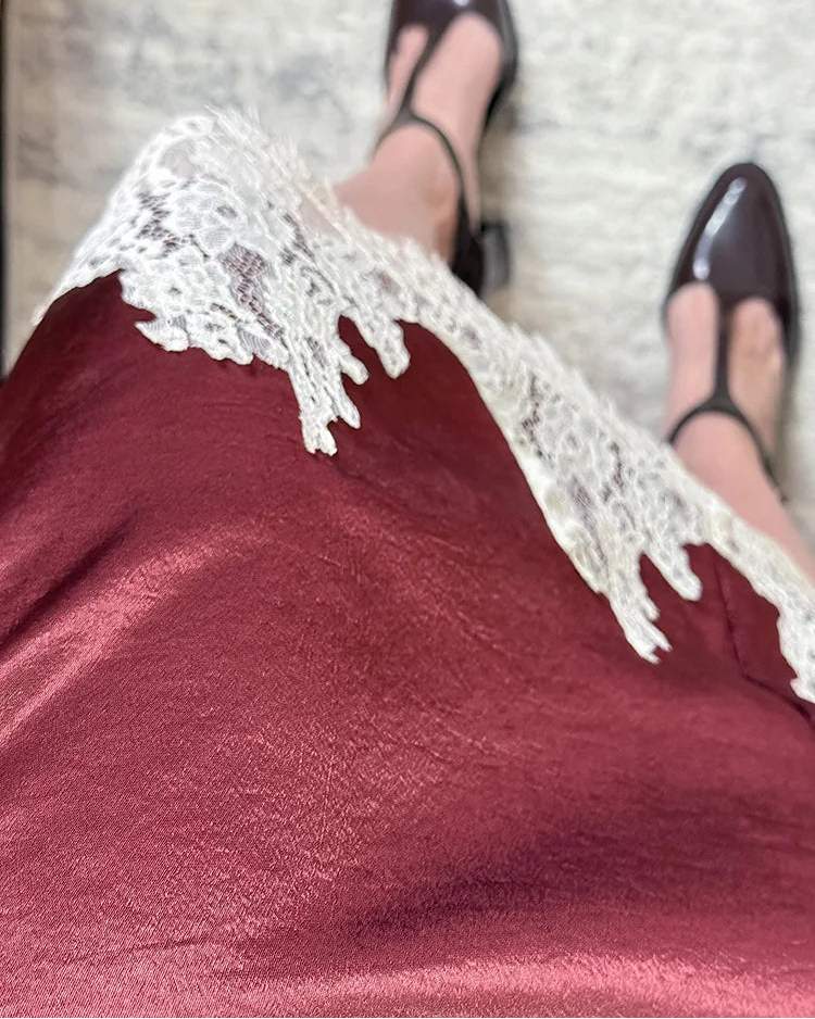 Satin And Lace-Paneled A-Line Midi Skirt