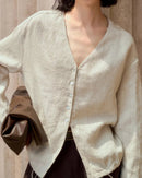 Loose V-Neck Button-Down Long-Sleeved Shirt