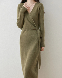 V-Neck Lace-Up Merino Wool Knit Dress