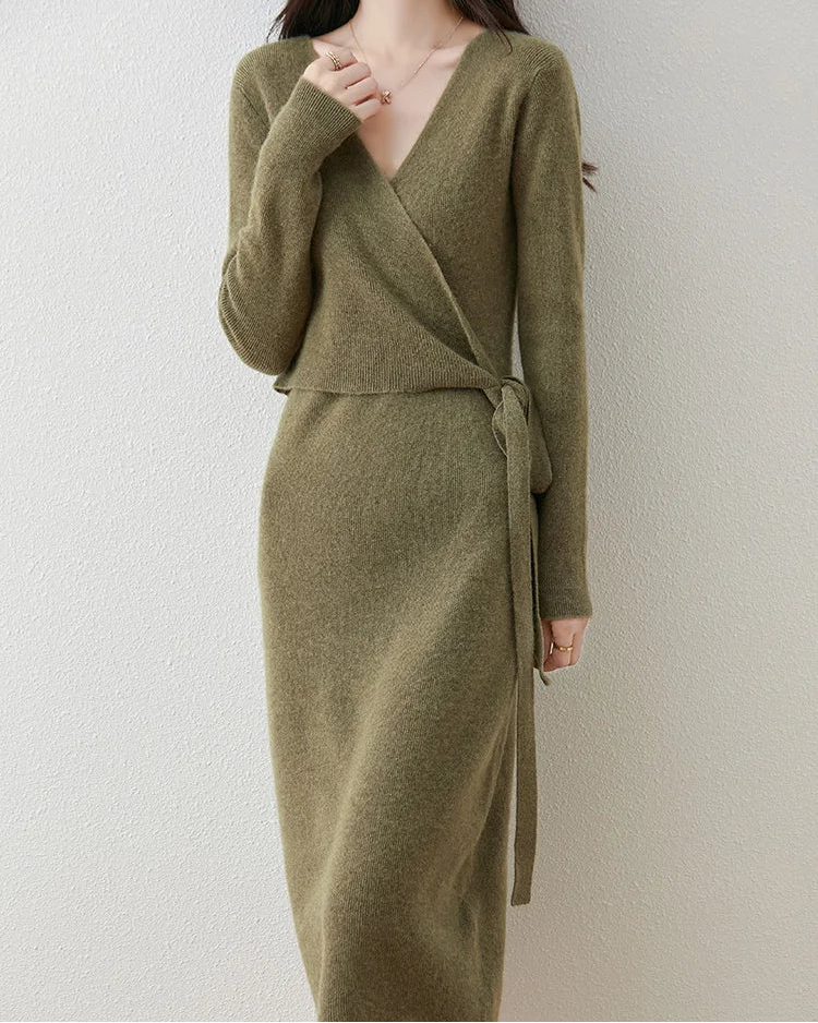 V-Neck Lace-Up Merino Wool Knit Dress