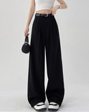 High waist wide-leg trousers with belt. Zipper fly, pockets, polyester laminated fabric — elegant office and streetwear style for all seasons.