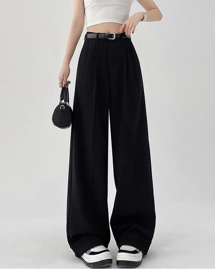 High waist wide-leg trousers with belt. Zipper fly, pockets, polyester laminated fabric — elegant office and streetwear style for all seasons.