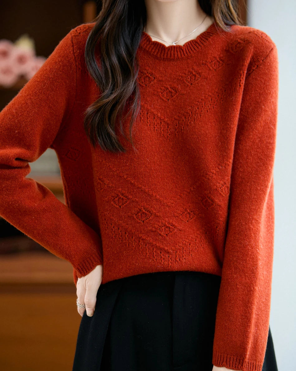 Pointelle Merino Wool Crewneck Sweater