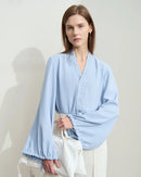 Chiffon Embroidered V-Neck Lantern Sleeve Blouse