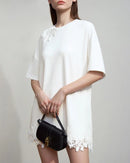 Round Neck Drop Shoulder Lace Long T-Shirt