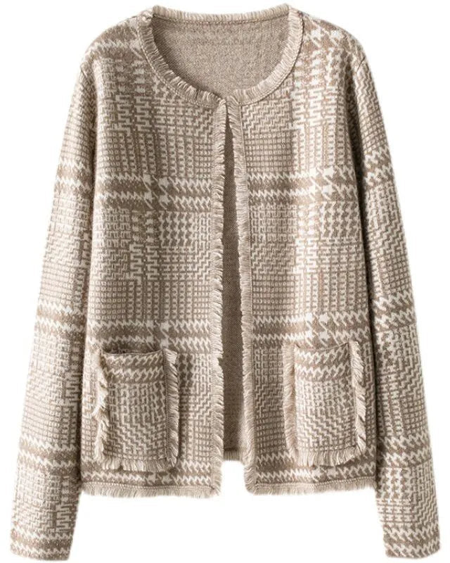 Houndstooth Fringe Cashmere Open Cardigan