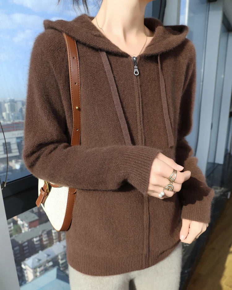 Wool Solid Hooded Zip-Up Open Cardigan Sweater