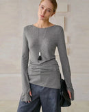 Crew Neck Long-Sleeved Irregular Slit T-Shirt