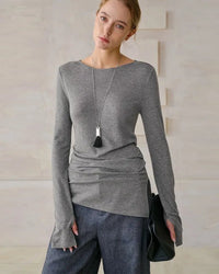 Crew Neck Long-Sleeved Irregular Slit T-Shirt