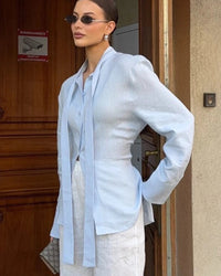 Tie Belt Cotton Shirt Blouse