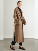 Notch Lapel Belted 100% Wool Long Coat