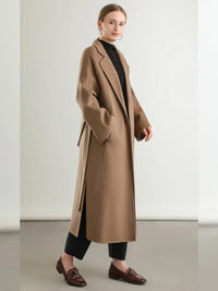 Notch Lapel Belted 100% Wool Long Coat
