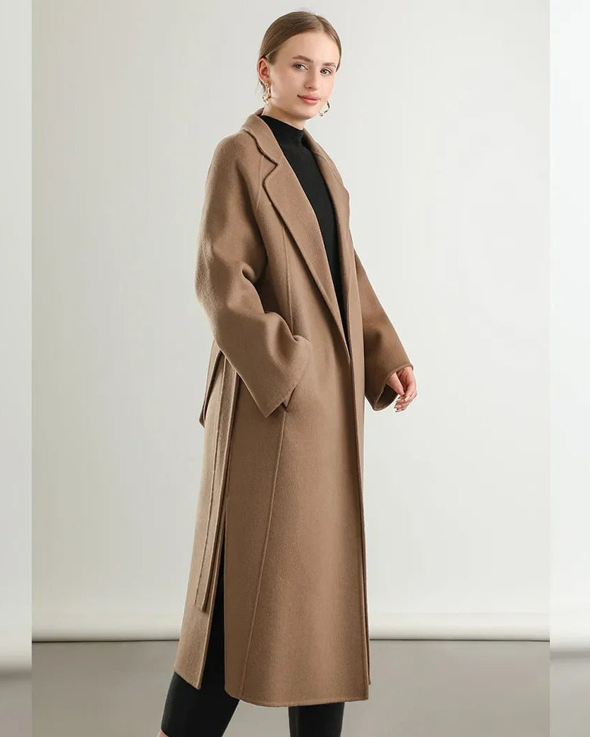 Notch Lapel Belted Wool Long Coat