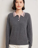 Cashmere Wool Blend Contrast Colour Polo Collar Pullover Sweater