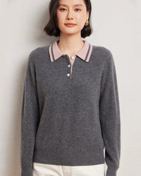 Cashmere Wool Blend Contrast Colour Polo Collar Pullover Sweater