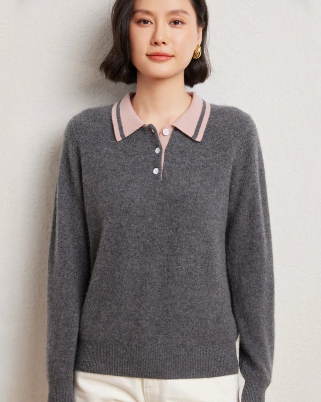 Cashmere Wool Blend Contrast Colour Polo Collar Pullover Sweater