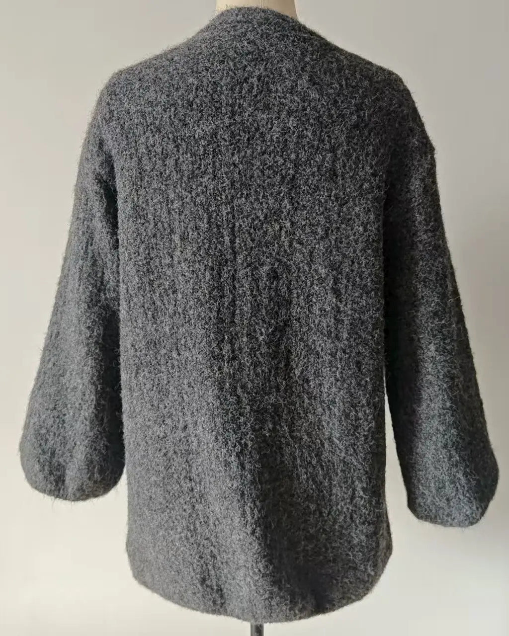 Solid V-Neck Lantern Sleeve Loose Knit Cardigan