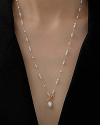 Gold Stainless Steel Pearl Beaded OT Clasp Long Necklace