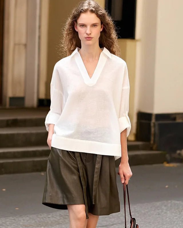 Retro Cotton Linen V-Neck Long-Sleeved Collared Shirt