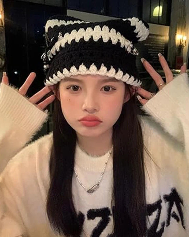 Striped Crochet Cat-Ear Beanie