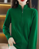 Merino wool solid half-high collar zip loose knit cardigan. Soft, slight stretch, and relaxed fit — a casual elegant autumn winter knitwear top for women.